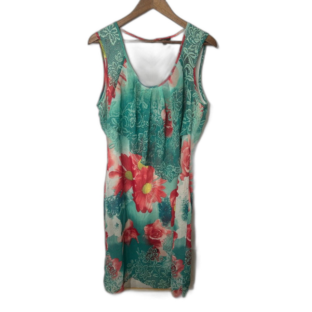 Milano Floral Dress Size 14 Teal Pink Sleeveless Sheath Midi Spring Summer - Picture 2 of 7